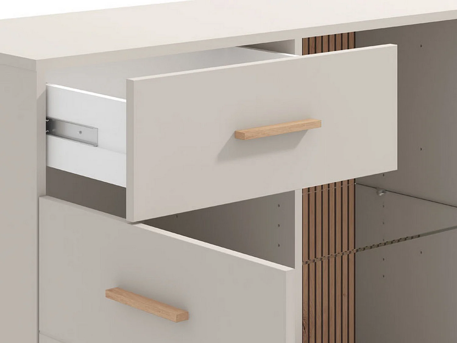 Buffet Nereto, 2 tiroirs, 154x42x89h cm Blanc Crème, Enfilade, 3 étagères, Portes battantes, coulissantes