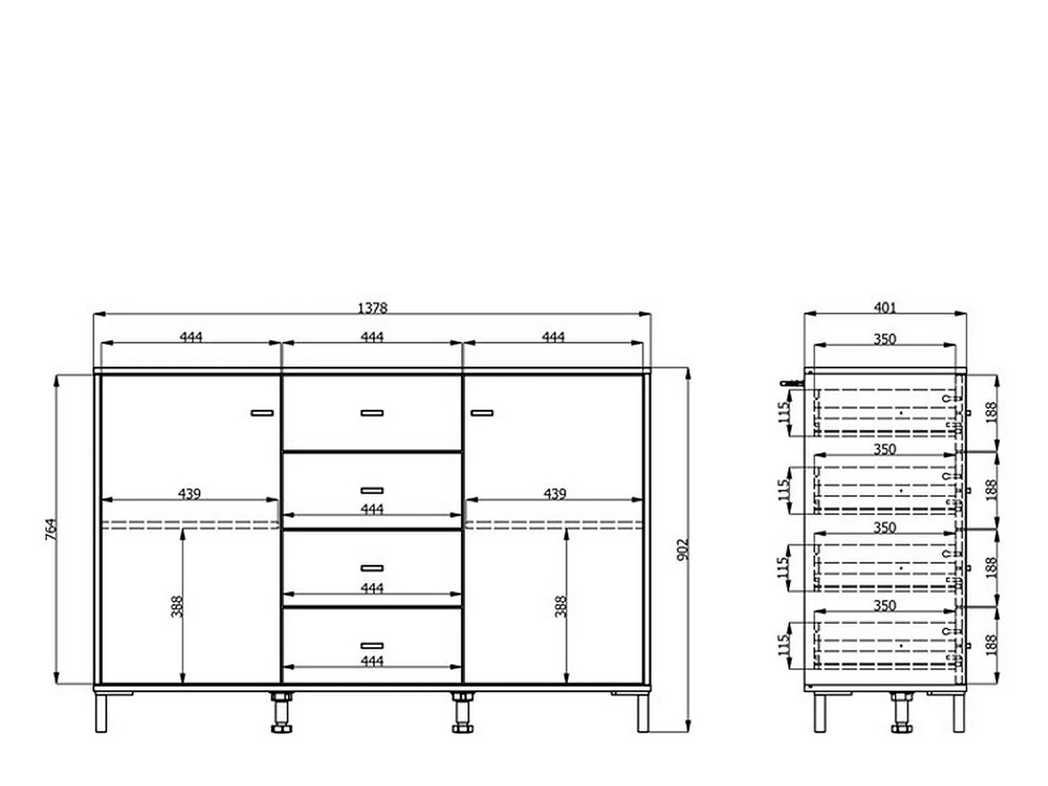 Glauben Sideboard, 4 Schubladen, 138x40x90h cm, Eiche Nussbaum, Anrichte, 2 Einlegeböden, Flügeltüren, Schiebetür