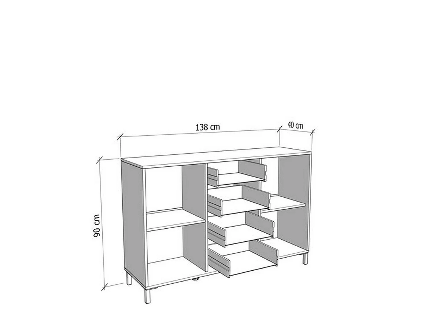Glauben Sideboard, 4 Schubladen, 138x40x90h cm, Eiche Nussbaum, Anrichte, 2 Einlegeböden, Flügeltüren, Schiebetür