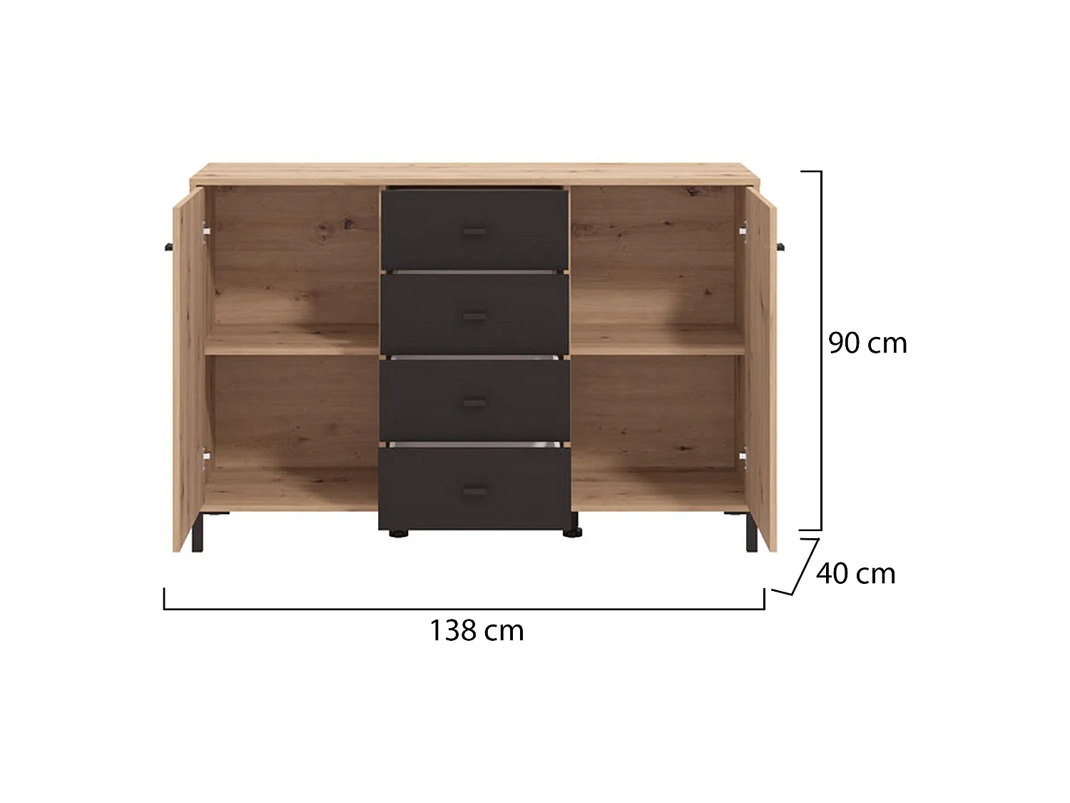 Glauben Sideboard, 4 Schubladen, 138x40x90h cm, Eiche Nussbaum, Anrichte, 2 Einlegeböden, Flügeltüren, Schiebetür