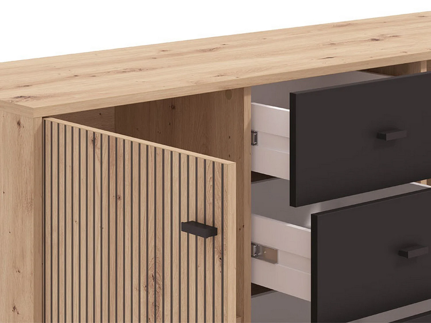 Glauben Sideboard, 4 Schubladen, 138x40x90h cm, Eiche Nussbaum, Anrichte, 2 Einlegeböden, Flügeltüren, Schiebetür