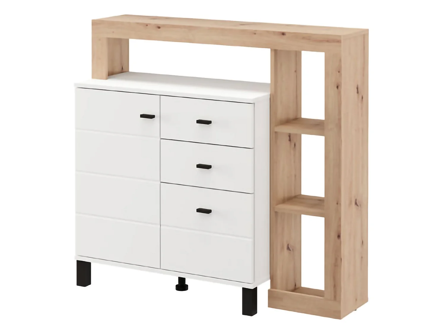 Buffet Coloni, 4 étagères, 106x35x101h cm Blanc Mat, Enfilade, 3 tiroirs, 1 porte