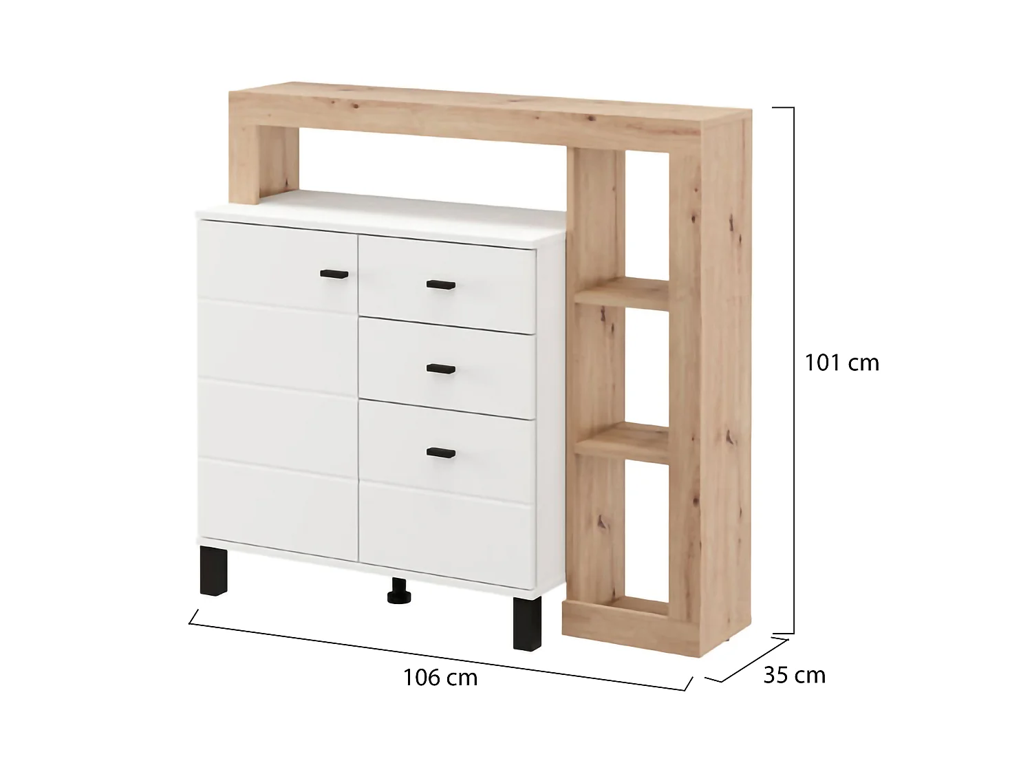 Buffet Coloni, 4 étagères, 106x35x101h cm Blanc Mat, Enfilade, 3 tiroirs, 1 porte