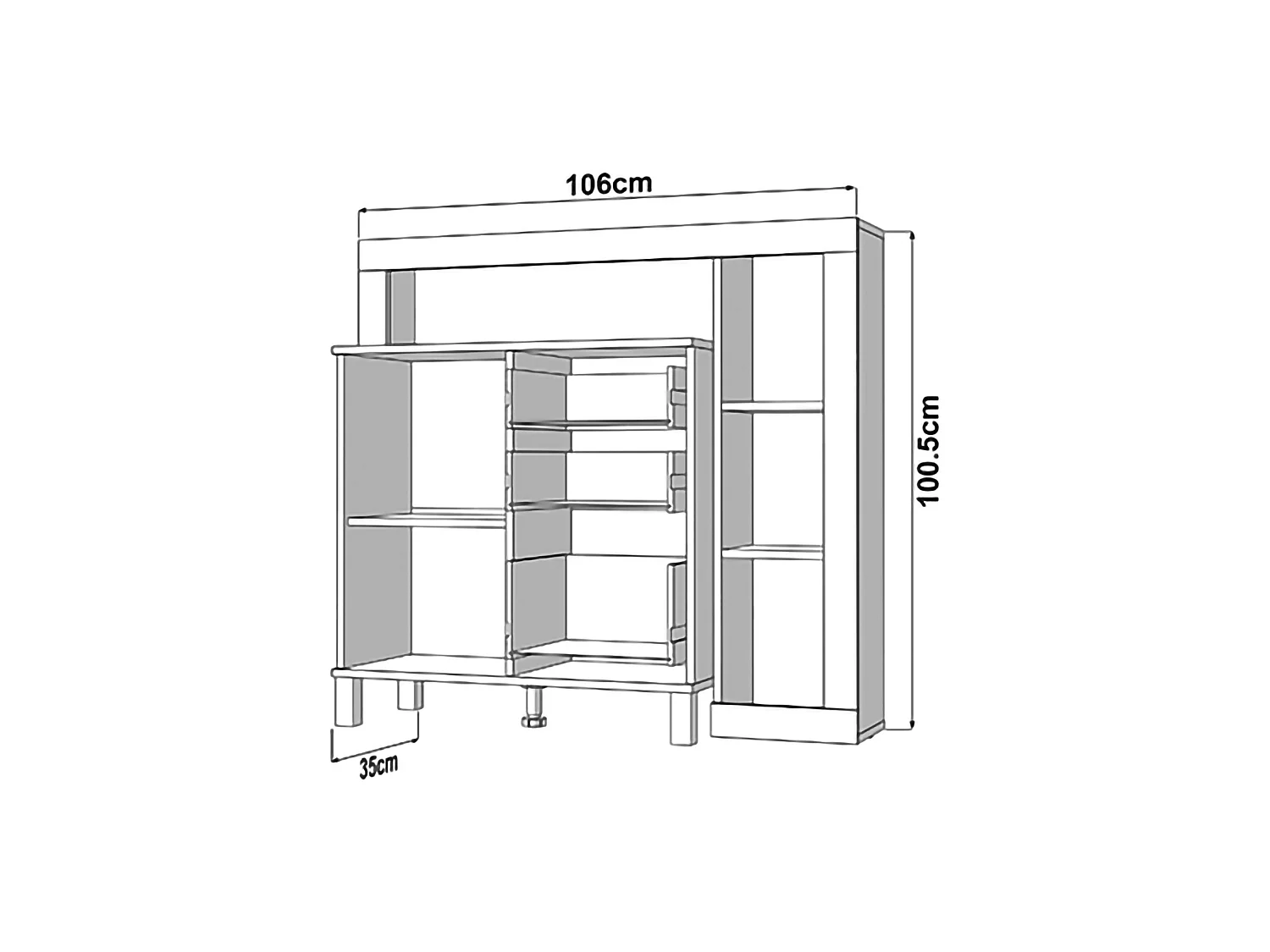Buffet Coloni, 4 étagères, 106x35x101h cm Blanc Mat, Enfilade, 3 tiroirs, 1 porte