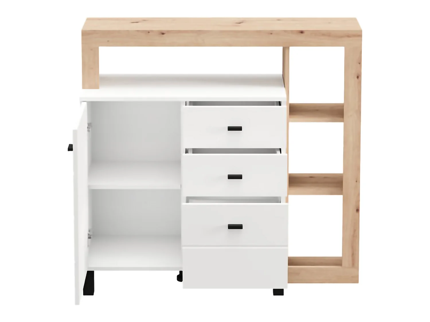 Buffet Coloni, 4 étagères, 106x35x101h cm Blanc Mat, Enfilade, 3 tiroirs, 1 porte