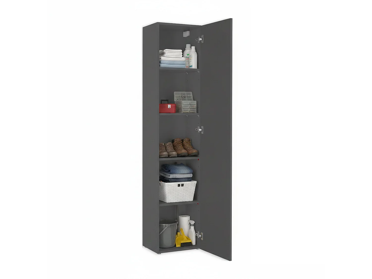 Armario multiusos Neto, 1 puerta, 4 estantes Hecho en Italia, 40x180h cm gris antracita, 5 compartimentos
