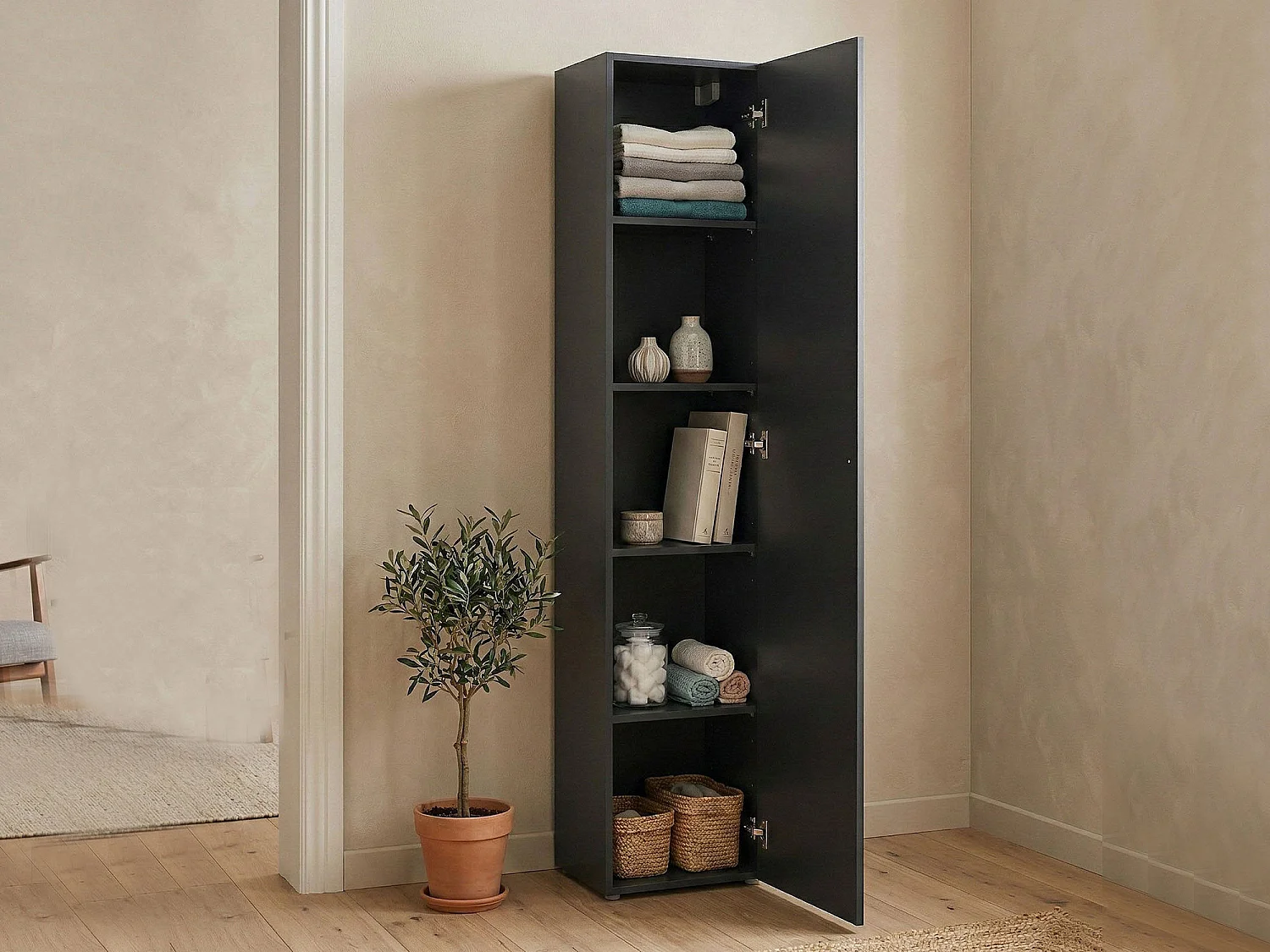 Armario multiusos Neto, 1 puerta, 4 estantes Hecho en Italia, 40x180h cm gris antracita, 5 compartimentos