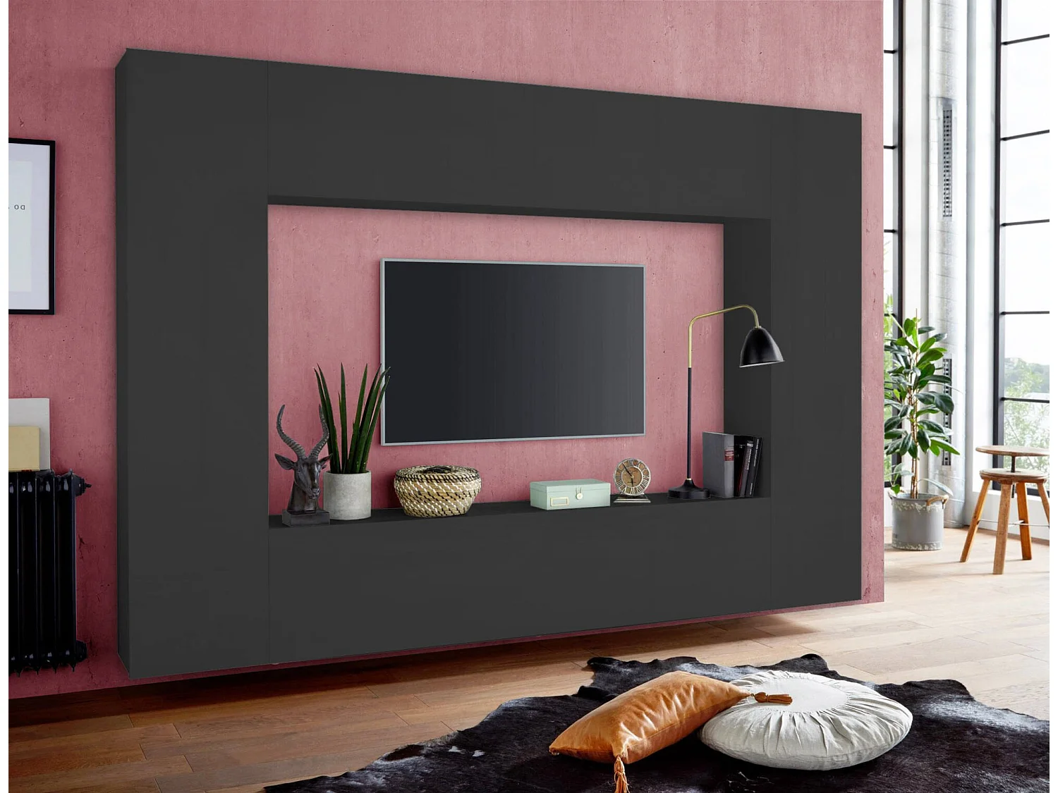 Armario multiusos Neto, 1 puerta, 4 estantes Hecho en Italia, 40x180h cm gris antracita, 5 compartimentos