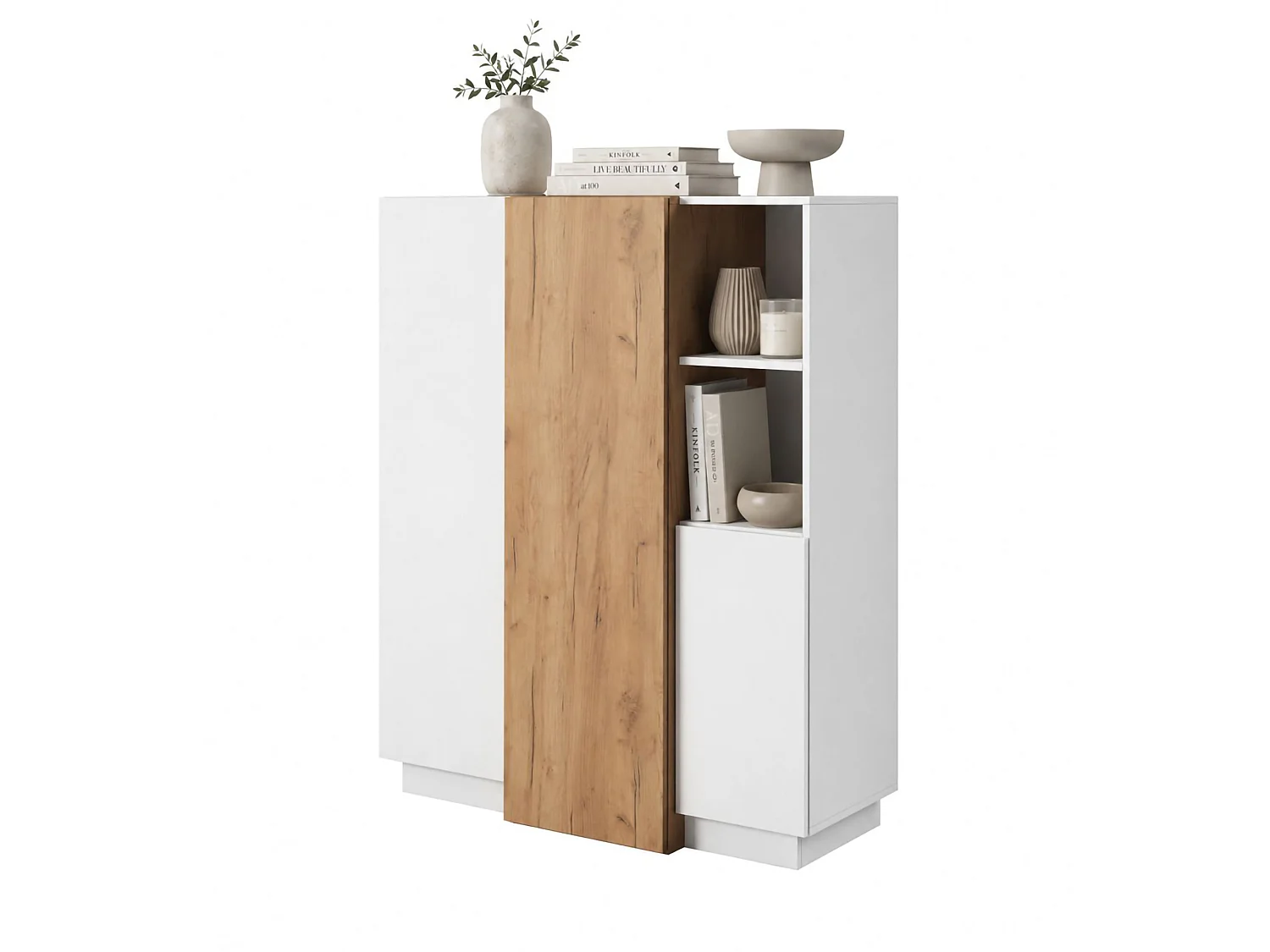 Dmora Gasima Anrichte, 8 Regale, 100x45x134h cm Weiß, Anrichte, Schwenktür, 3 Türen