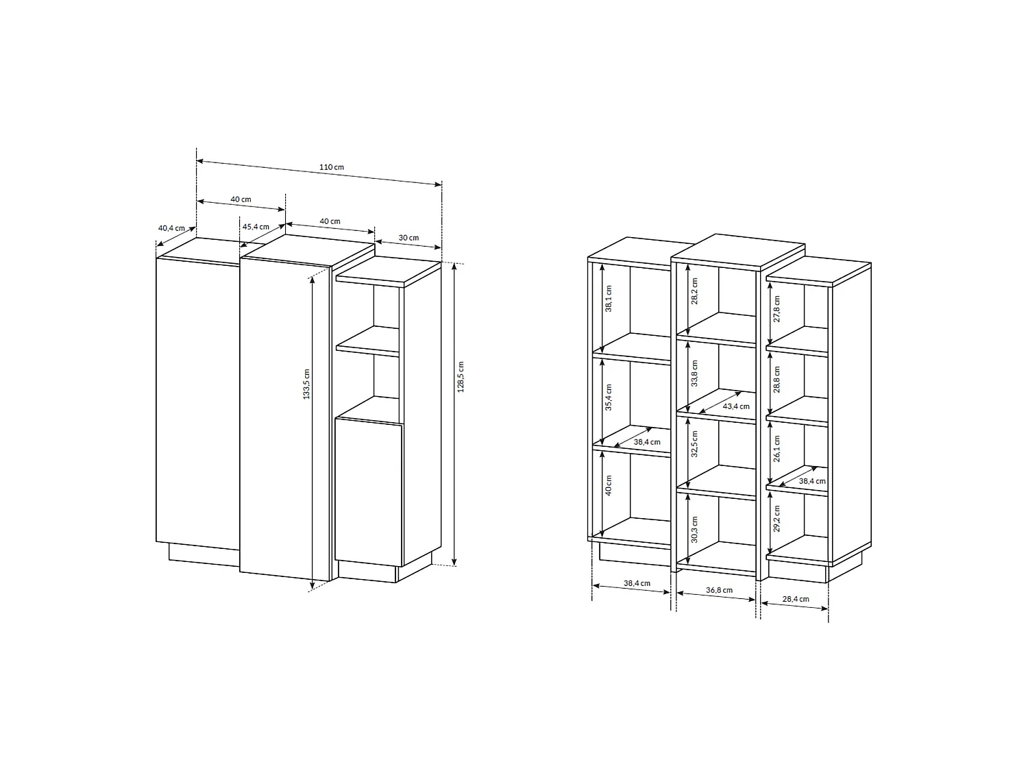 Dmora Gasima Anrichte, 8 Regale, 100x45x134h cm Weiß, Anrichte, Schwenktür, 3 Türen