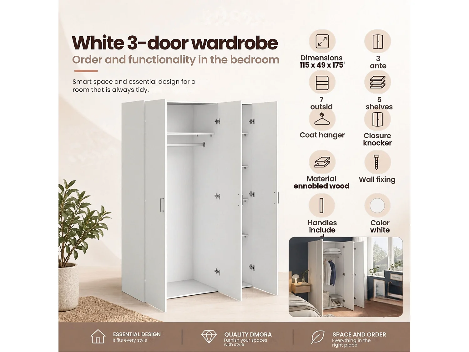 Ruffano kledingkast met 3 deuren, garderobe, 115x49 cm wit, slaapkamerkast, 5 planken, draaideuren