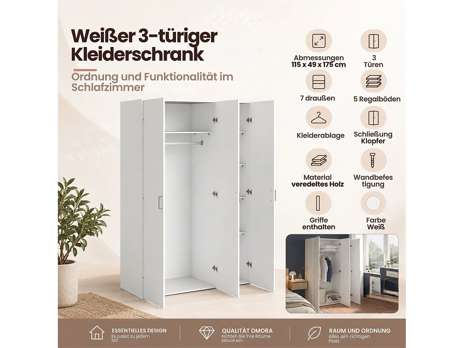 Ruffano kledingkast met 3 deuren, garderobe, 115x49 cm wit, slaapkamerkast, 5 planken, draaideuren