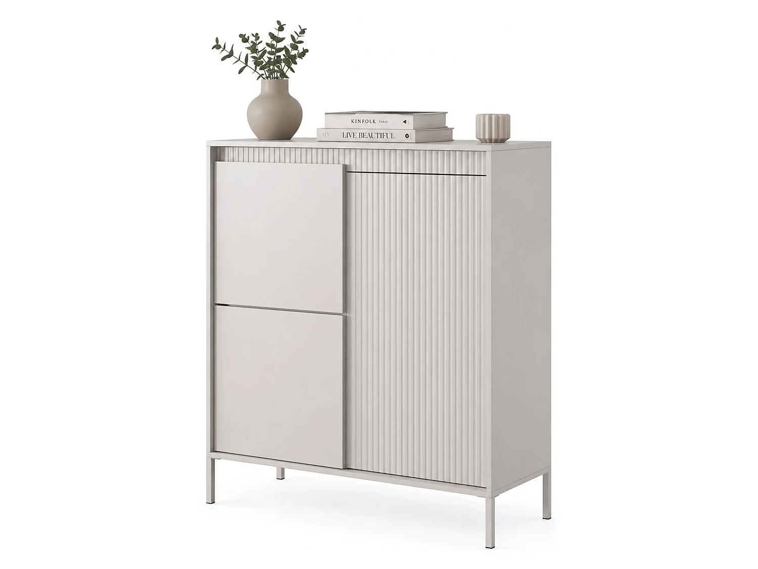 Kommode Hatolaro, 5 Böden, 104x40x123h cm Beige, Anrichte, Drehöffnung, 3 Türen