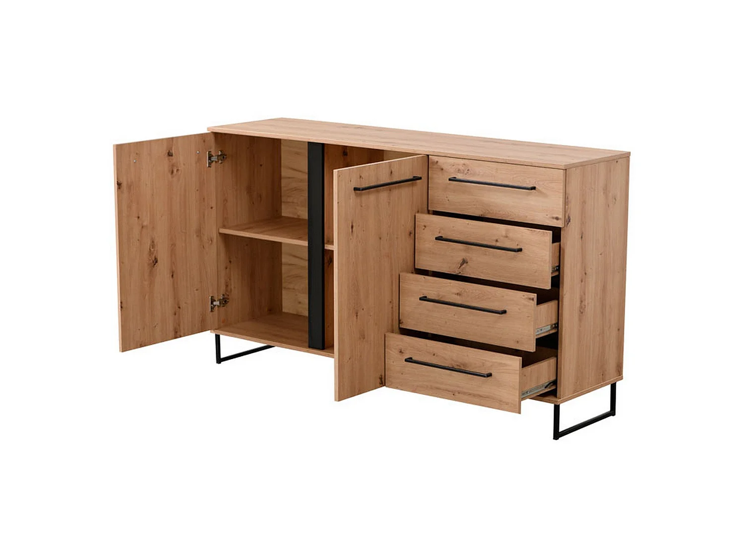 Sideboard Ceredano, 4 Schubladen, 159x42x95h cm, Braun Knoten-Eiche, 2 Einlegeböden, Flügel- und Schiebetür