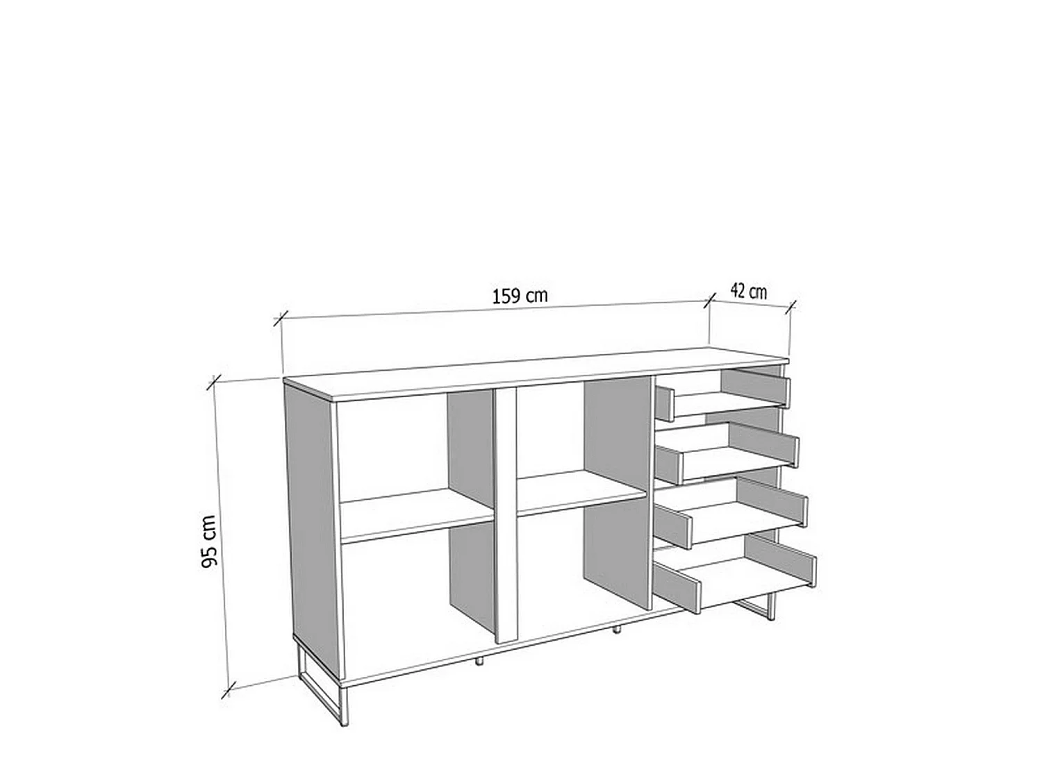 Sideboard Ceredano, 4 Schubladen, 159x42x95h cm, Braun Knoten-Eiche, 2 Einlegeböden, Flügel- und Schiebetür