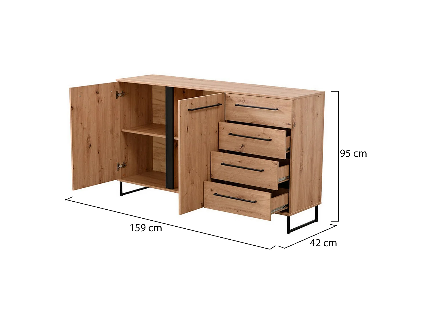 Sideboard Ceredano, 4 Schubladen, 159x42x95h cm, Braun Knoten-Eiche, 2 Einlegeböden, Flügel- und Schiebetür