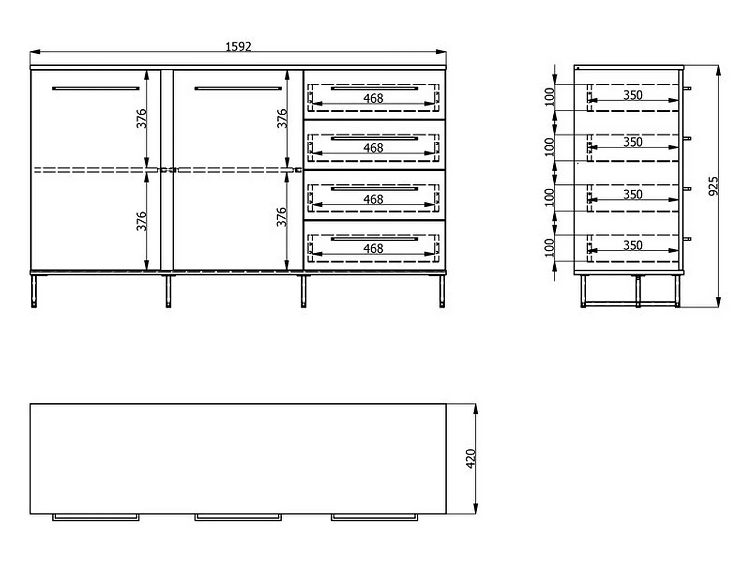 Sideboard Ceredano, 4 Schubladen, 159x42x95h cm, Braun Knoten-Eiche, 2 Einlegeböden, Flügel- und Schiebetür
