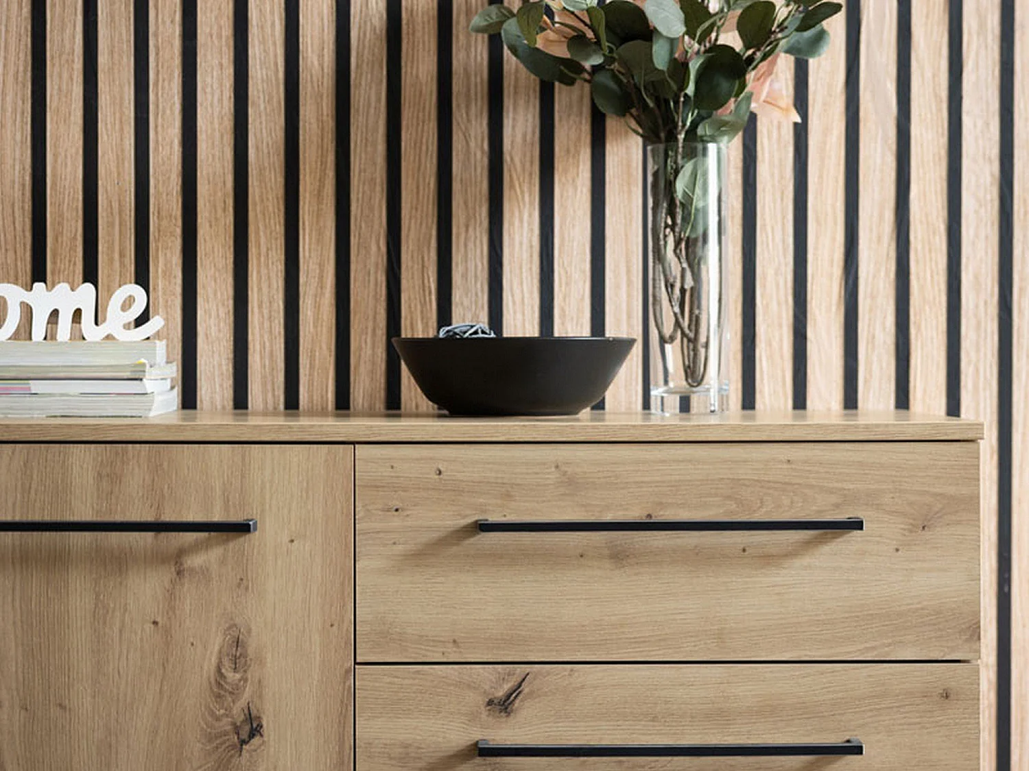 Sideboard Ceredano, 4 Schubladen, 159x42x95h cm, Braun Knoten-Eiche, 2 Einlegeböden, Flügel- und Schiebetür