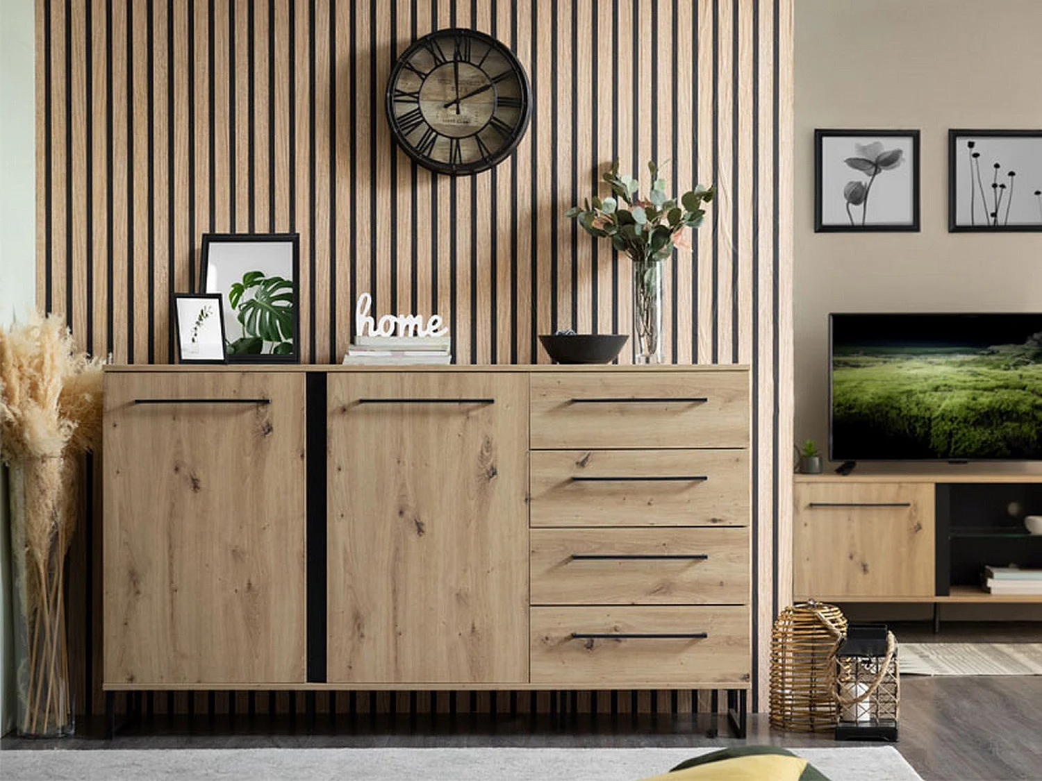 Sideboard Ceredano, 4 Schubladen, 159x42x95h cm, Braun Knoten-Eiche, 2 Einlegeböden, Flügel- und Schiebetür