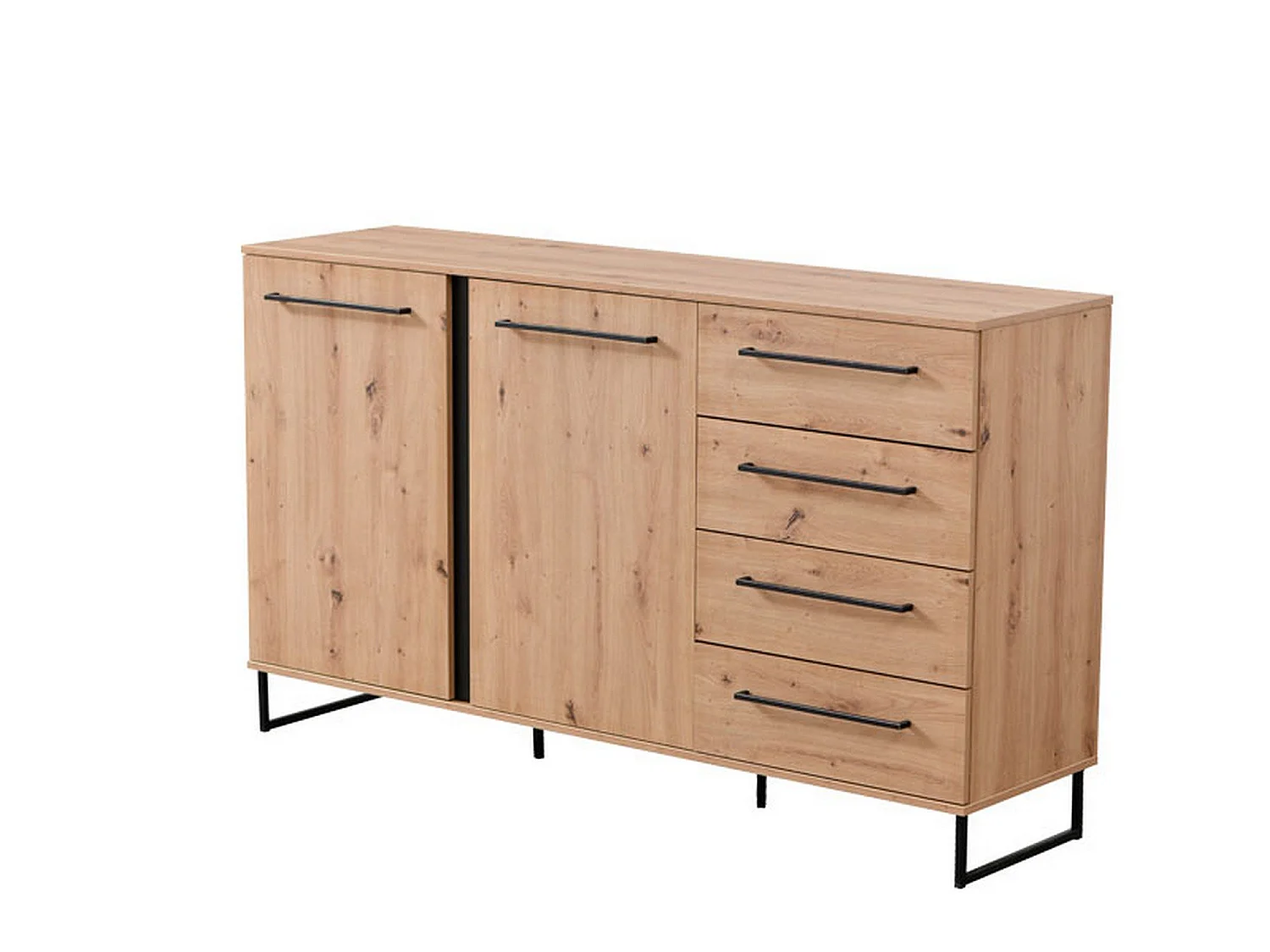 Sideboard Ceredano, 4 Schubladen, 159x42x95h cm, Braun Knoten-Eiche, 2 Einlegeböden, Flügel- und Schiebetür