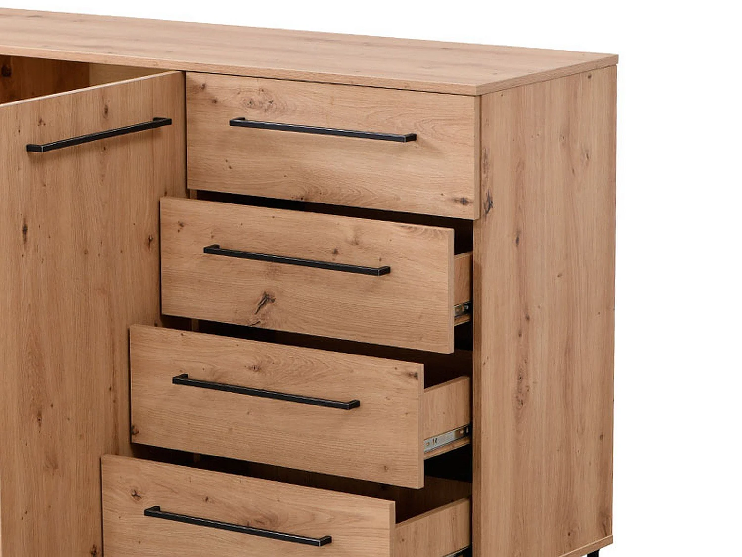 Sideboard Ceredano, 4 Schubladen, 159x42x95h cm, Braun Knoten-Eiche, 2 Einlegeböden, Flügel- und Schiebetür