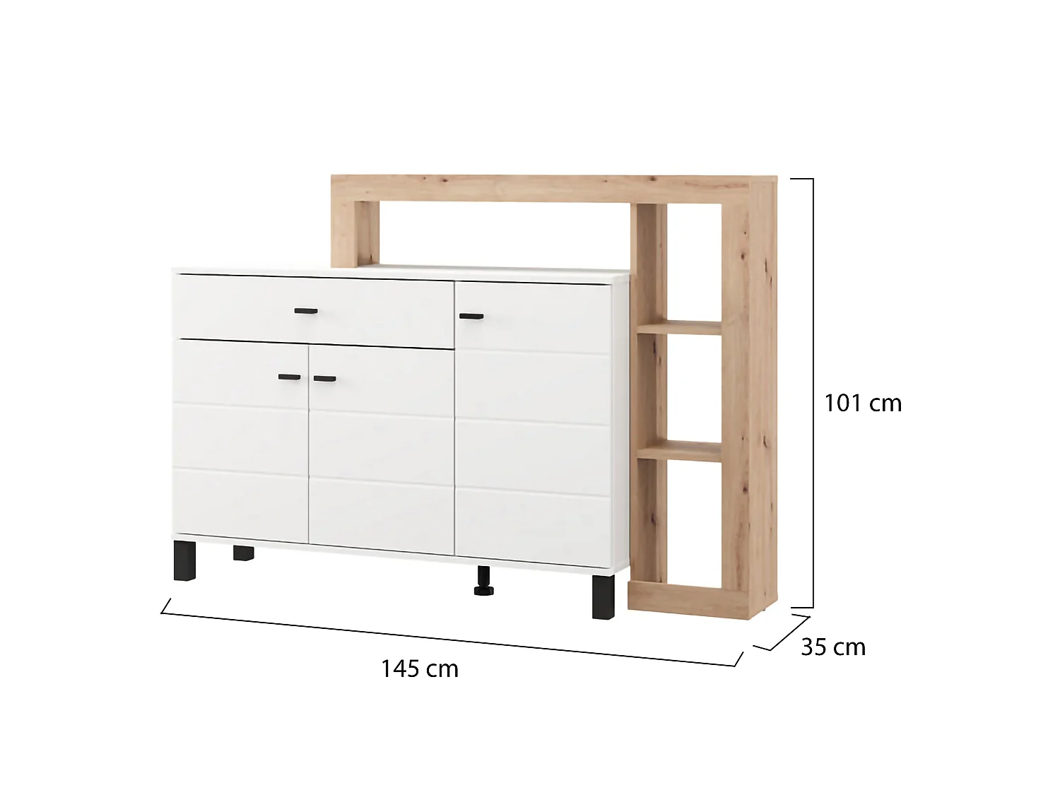 Crédence Piriap, 5 Étagères, 145x35x101h cm Blanc, Vaisselier, un Tiroir, 3 Portes