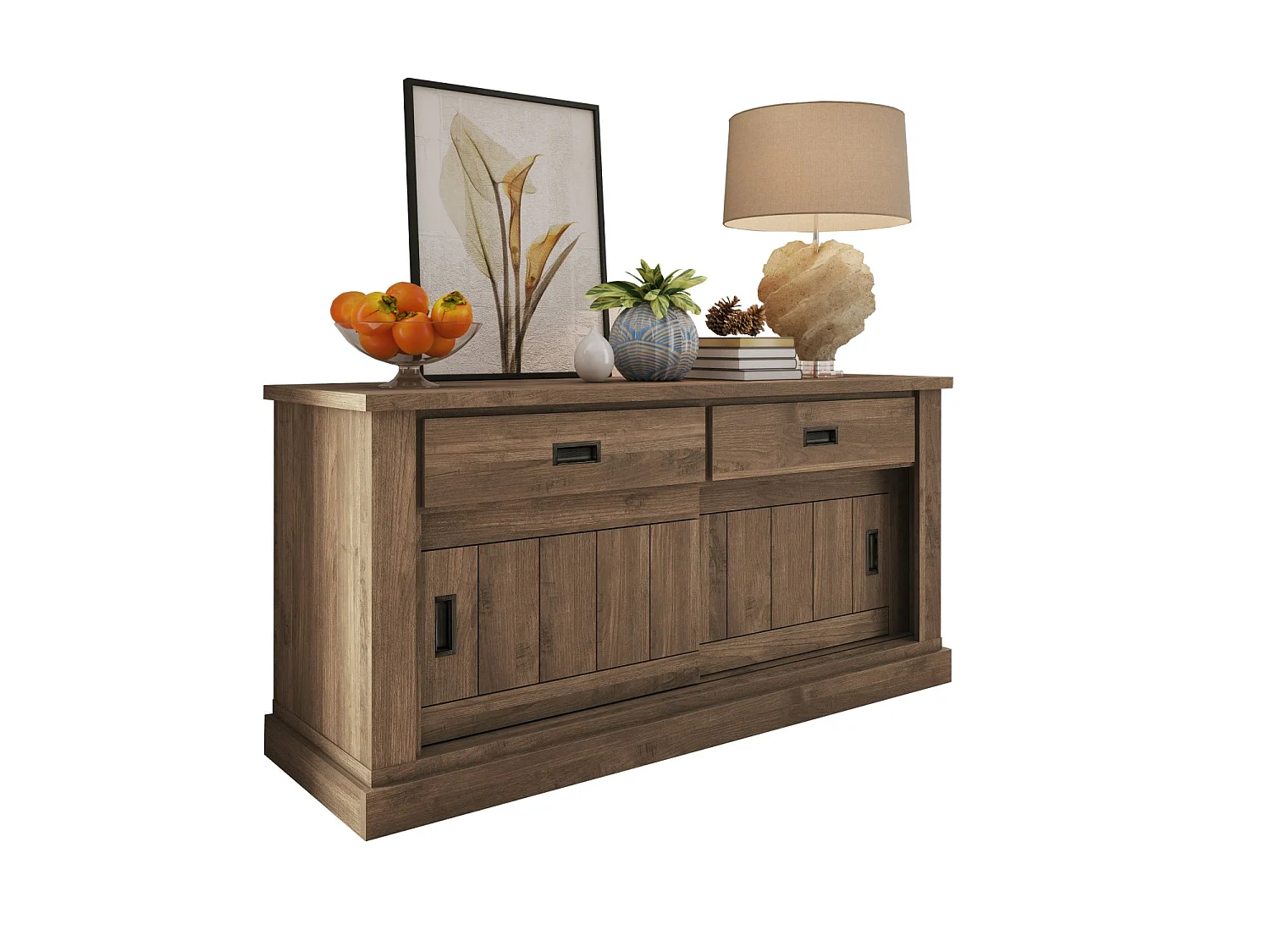 Buffet Lupara, 2 étagères, 138x50x95h cm Noyer brun, Enfilade, 2 tiroirs, 2 portes