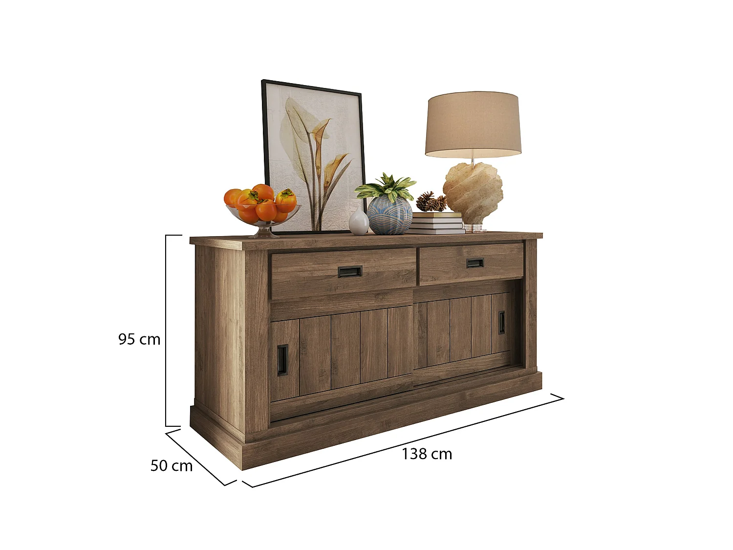 Buffet Lupara, 2 étagères, 138x50x95h cm Noyer brun, Enfilade, 2 tiroirs, 2 portes