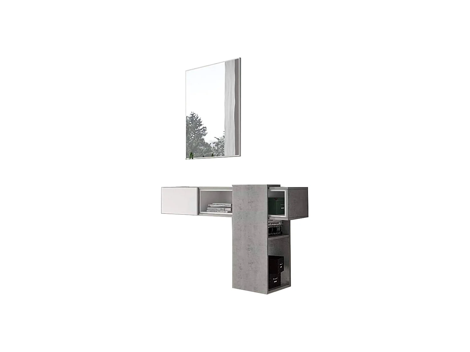 Mueble de entrada Limbadi, espejo incluido, 100x31x75h cm gris cemento, un estante, perchero