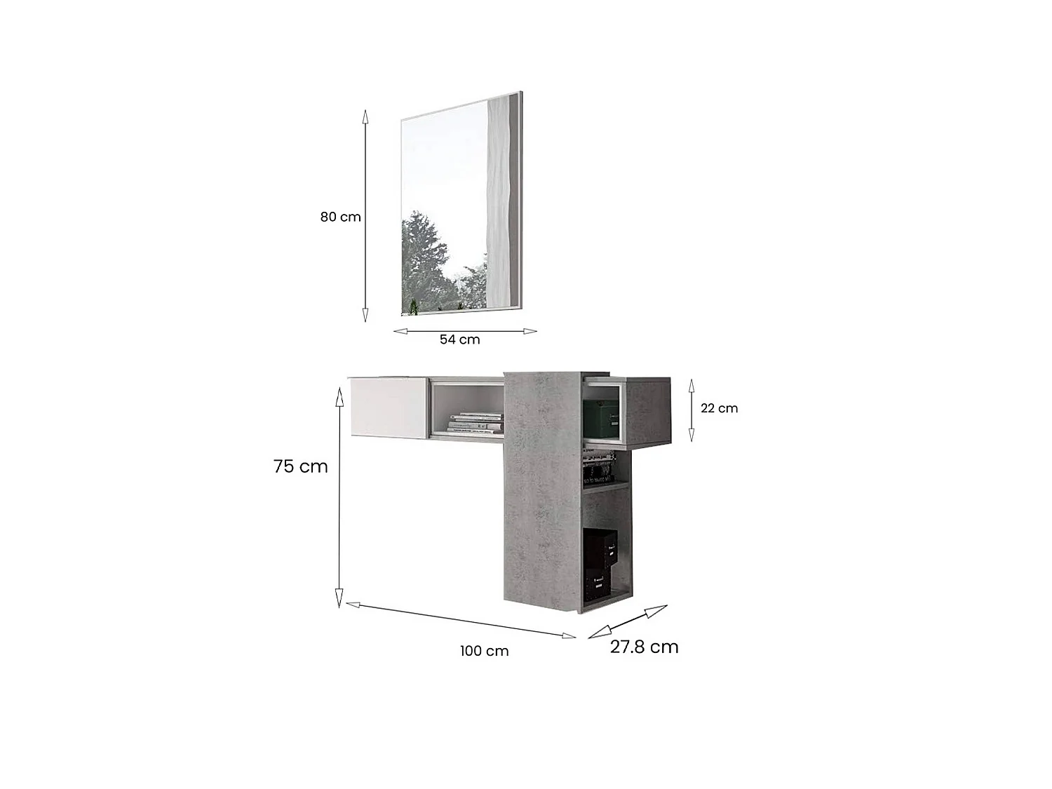 Mueble de entrada Limbadi, espejo incluido, 100x31x75h cm gris cemento, un estante, perchero
