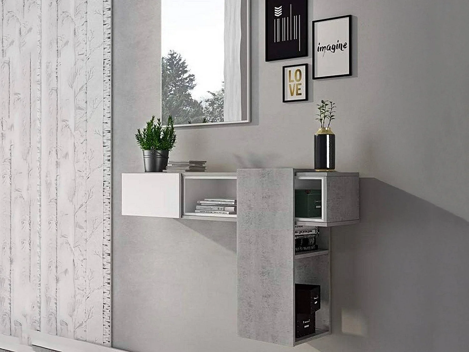Mueble de entrada Limbadi, espejo incluido, 100x31x75h cm gris cemento, un estante, perchero