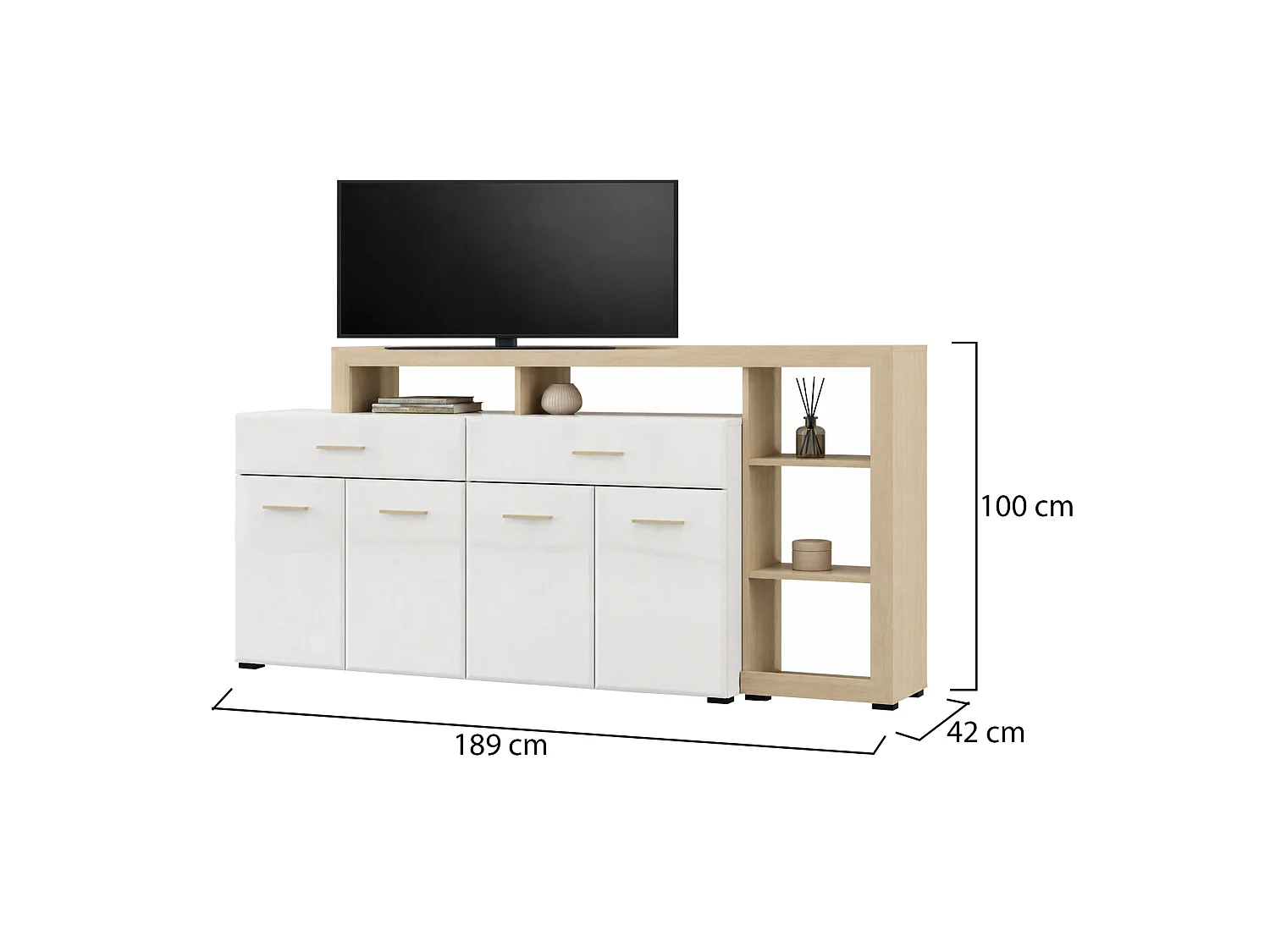 Credenza Dovad, 2 Cassetti, 189x42x100h cm Bianco, Madia, 5 Ripiani, Apertura Battente, Scorrevole