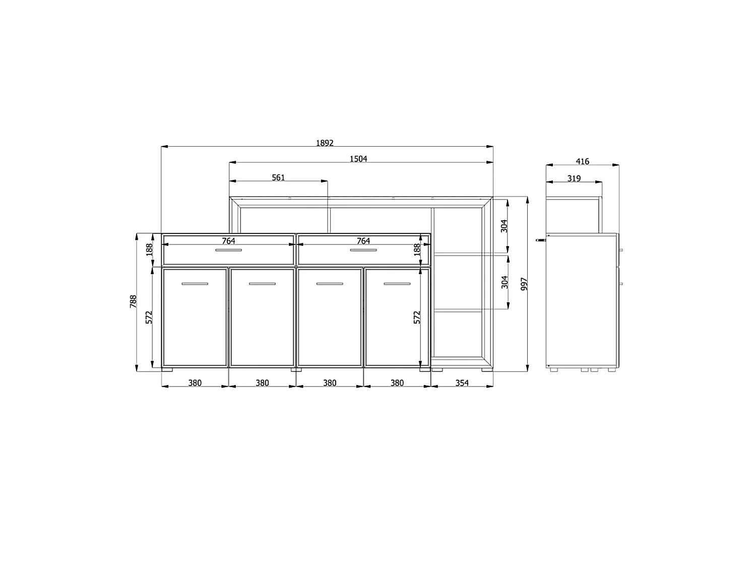 Credenza Dovad, 2 Cassetti, 189x42x100h cm Bianco, Madia, 5 Ripiani, Apertura Battente, Scorrevole