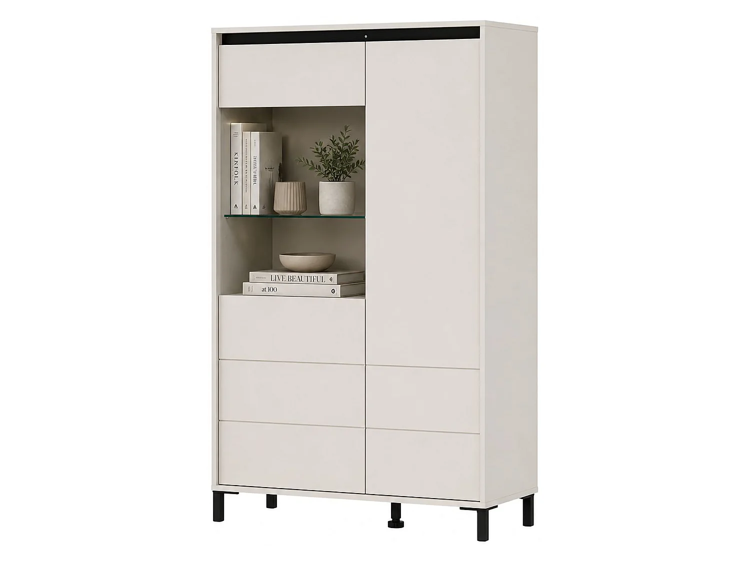 Crédence Vignate, 4 Étagères, 93x40x135h cm Blanc Crème, Buffet, 6 Compartiments, 2 Portes