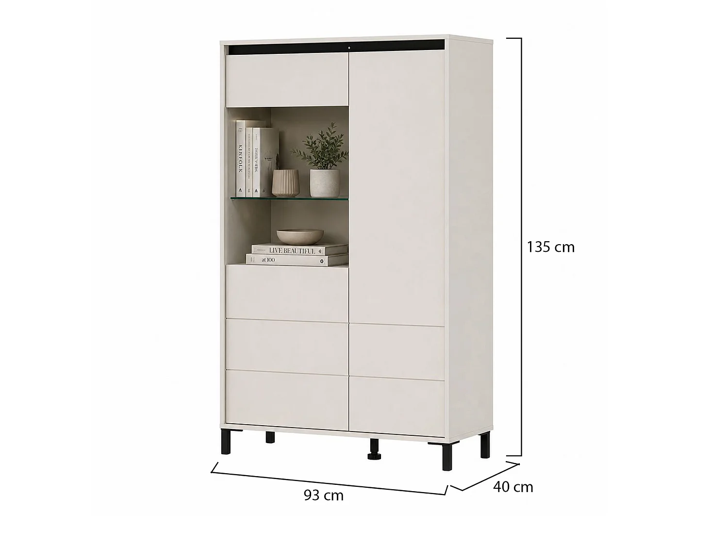 Crédence Vignate, 4 Étagères, 93x40x135h cm Blanc Crème, Buffet, 6 Compartiments, 2 Portes