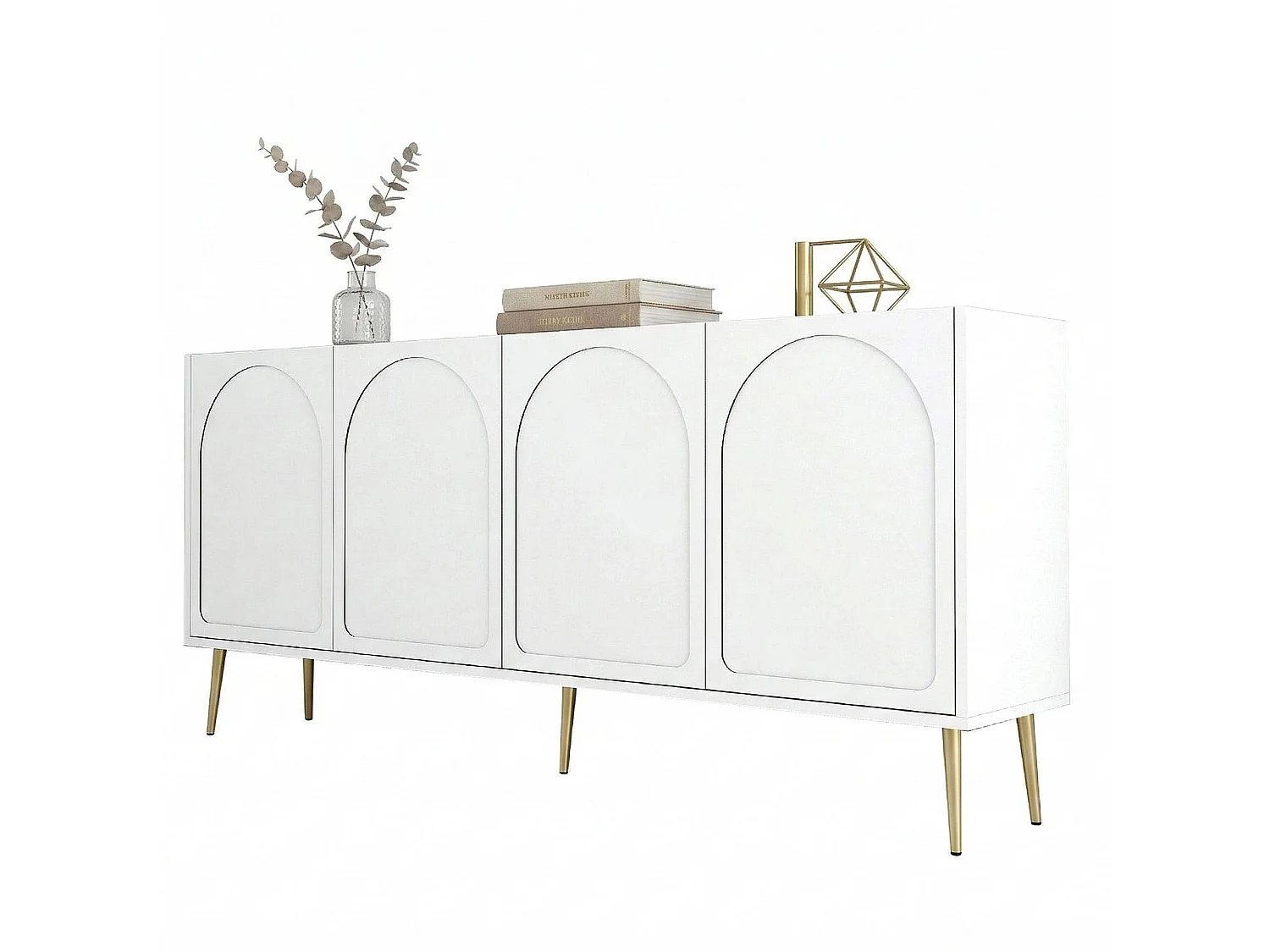Credenza Torno, 2 Ripiani, 180x35x80h cm Bianco, Madia, 4 Ante, 4 Vani