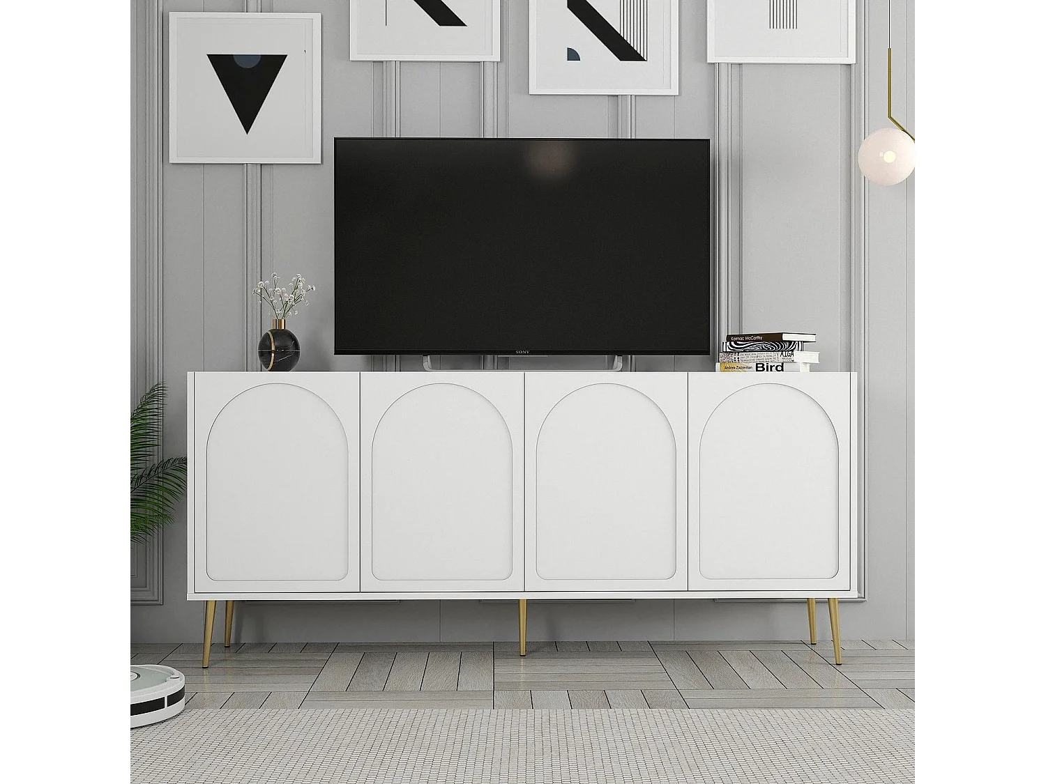 Credenza Torno, 2 Ripiani, 180x35x80h cm Bianco, Madia, 4 Ante, 4 Vani