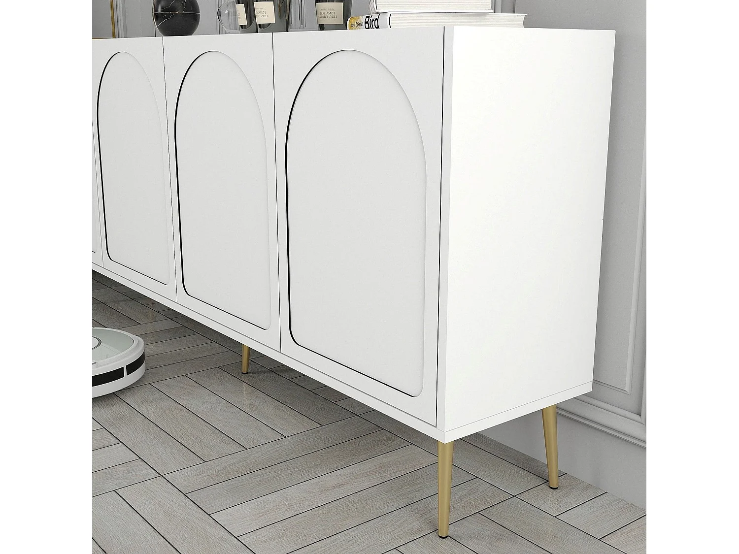Credenza Torno, 2 Ripiani, 180x35x80h cm Bianco, Madia, 4 Ante, 4 Vani