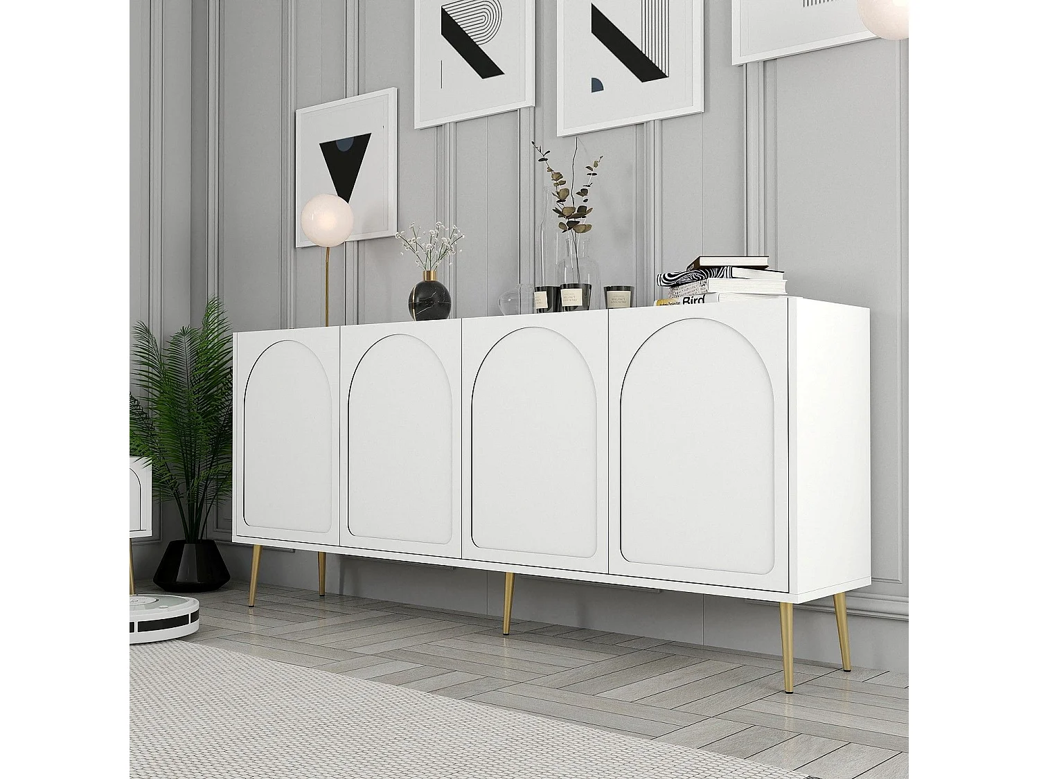 Credenza Torno, 2 Ripiani, 180x35x80h cm Bianco, Madia, 4 Ante, 4 Vani