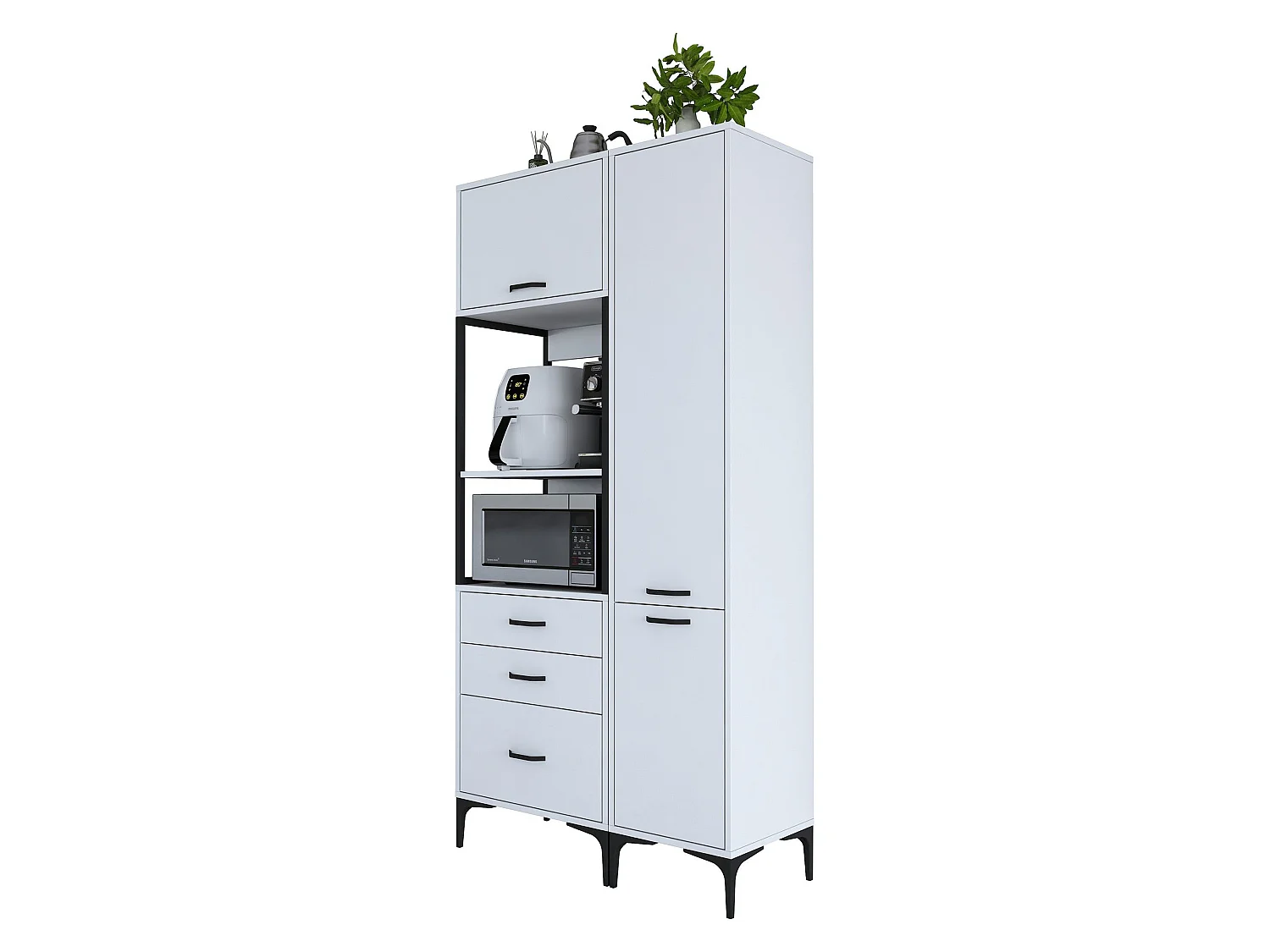 Credenza Lotzorai, 8 Ripiani, 100x40x199h cm Bianco, Madia, 3 Cassetti, 2 Ante