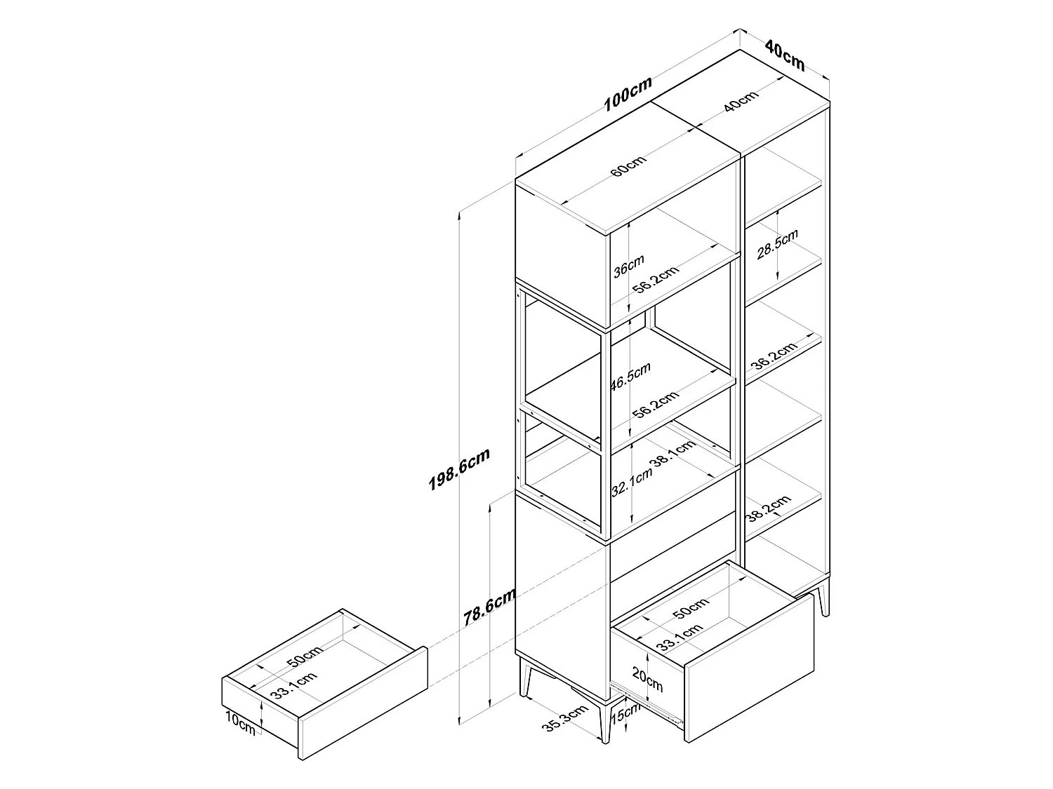 Credenza Lotzorai, 8 Ripiani, 100x40x199h cm Bianco, Madia, 3 Cassetti, 2 Ante