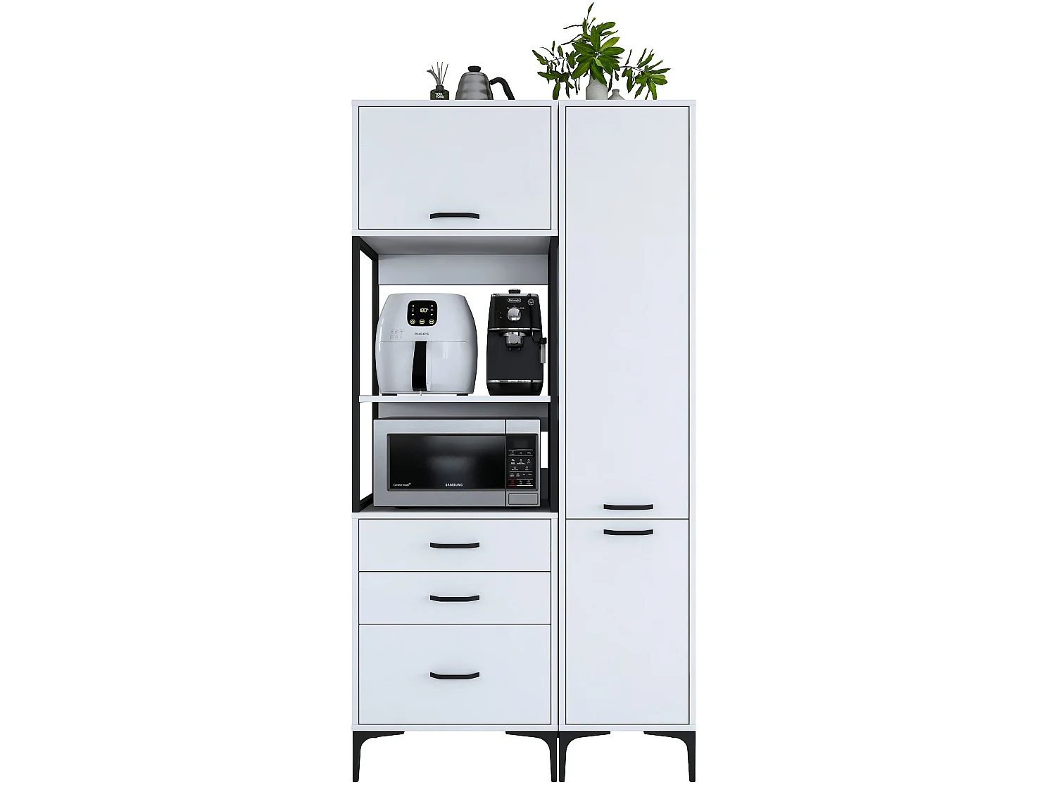 Credenza Lotzorai, 8 Ripiani, 100x40x199h cm Bianco, Madia, 3 Cassetti, 2 Ante