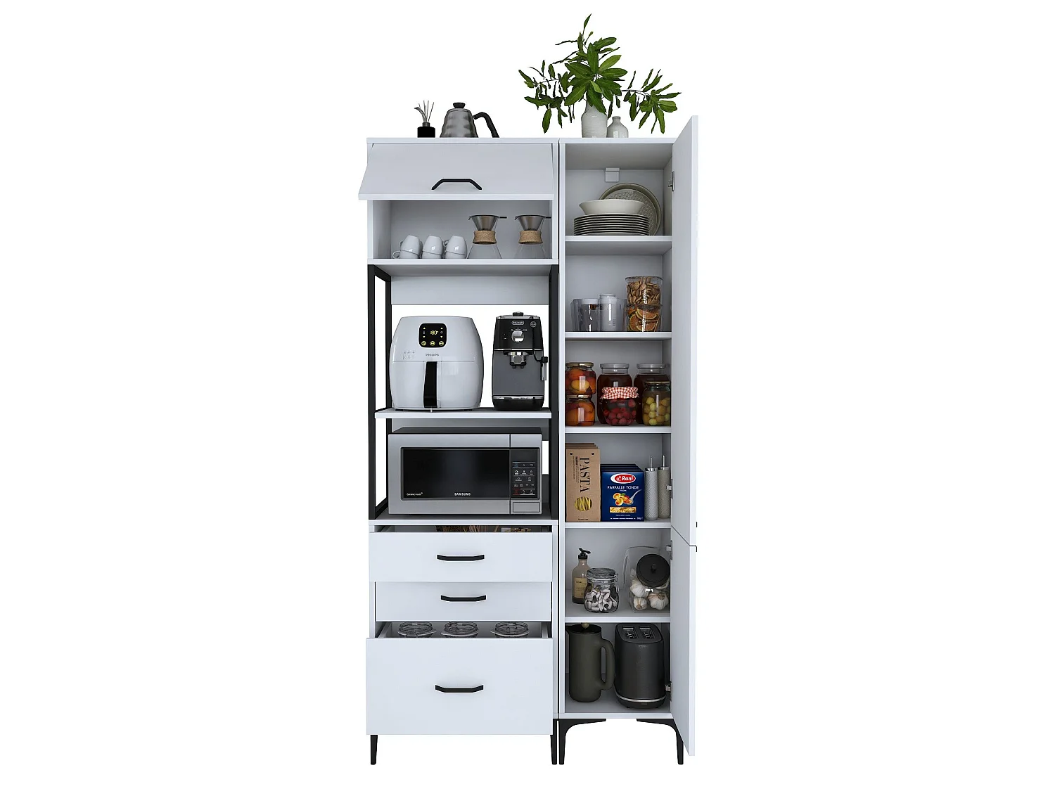 Credenza Lotzorai, 8 Ripiani, 100x40x199h cm Bianco, Madia, 3 Cassetti, 2 Ante