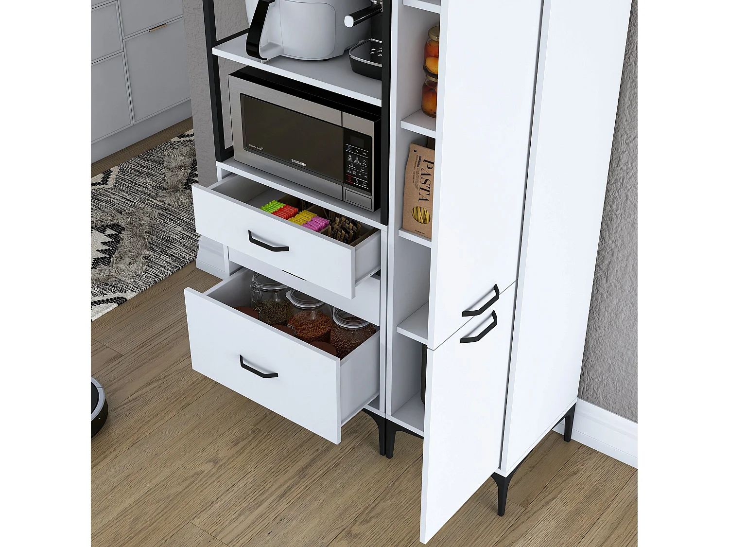 Credenza Lotzorai, 8 Ripiani, 100x40x199h cm Bianco, Madia, 3 Cassetti, 2 Ante