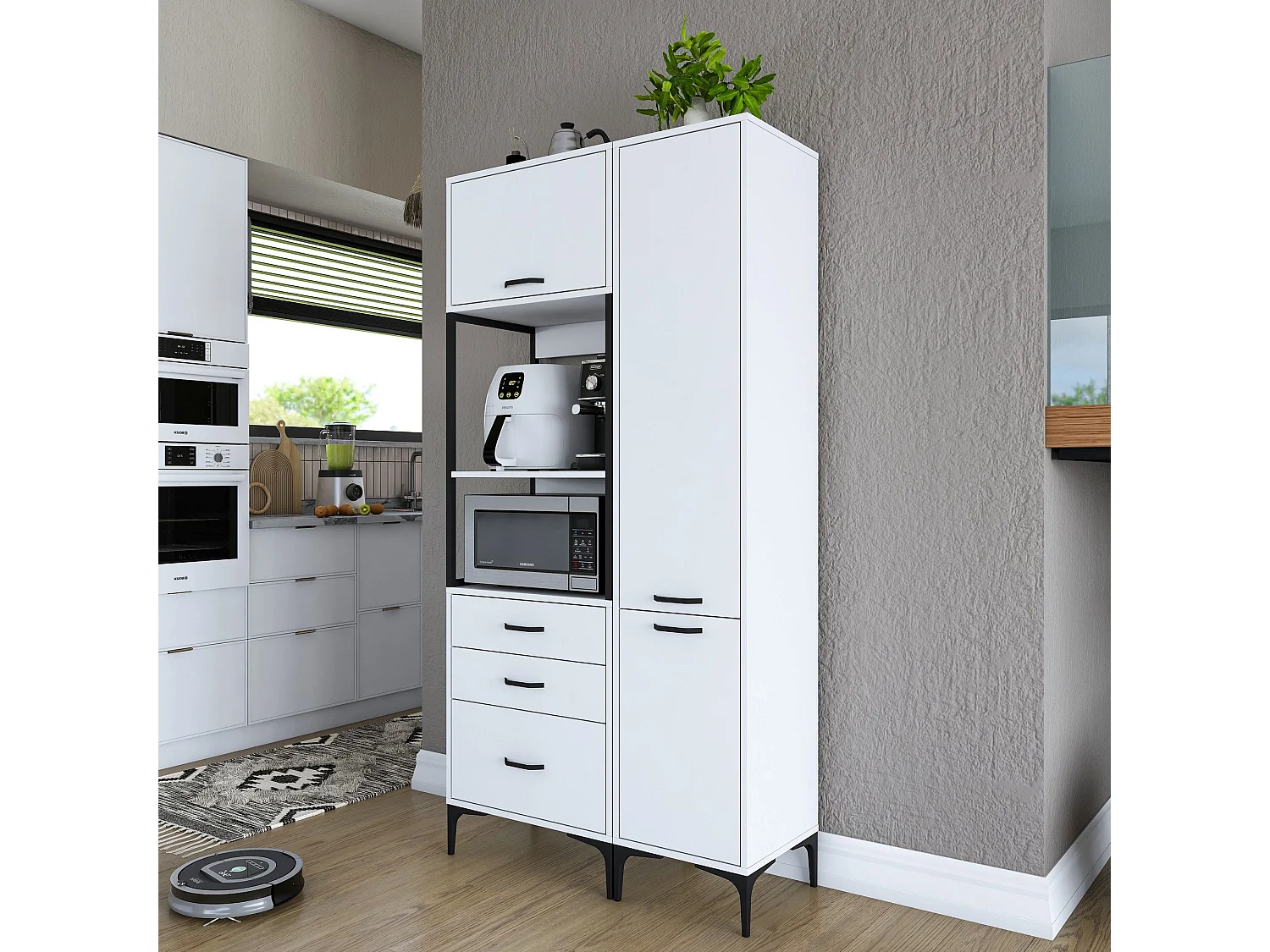 Credenza Lotzorai, 8 Ripiani, 100x40x199h cm Bianco, Madia, 3 Cassetti, 2 Ante