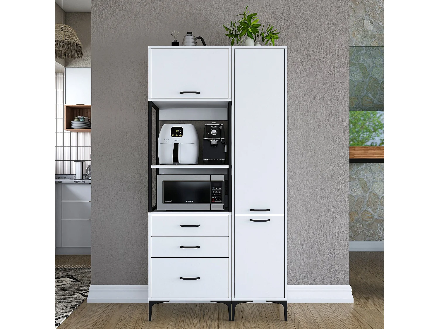Credenza Lotzorai, 8 Ripiani, 100x40x199h cm Bianco, Madia, 3 Cassetti, 2 Ante