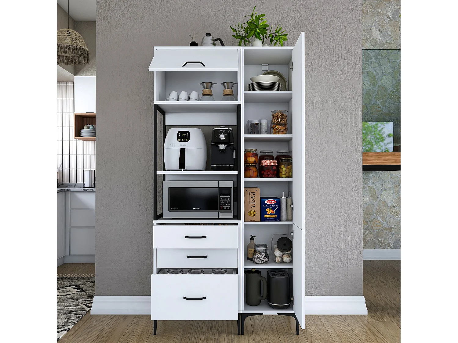 Credenza Lotzorai, 8 Ripiani, 100x40x199h cm Bianco, Madia, 3 Cassetti, 2 Ante