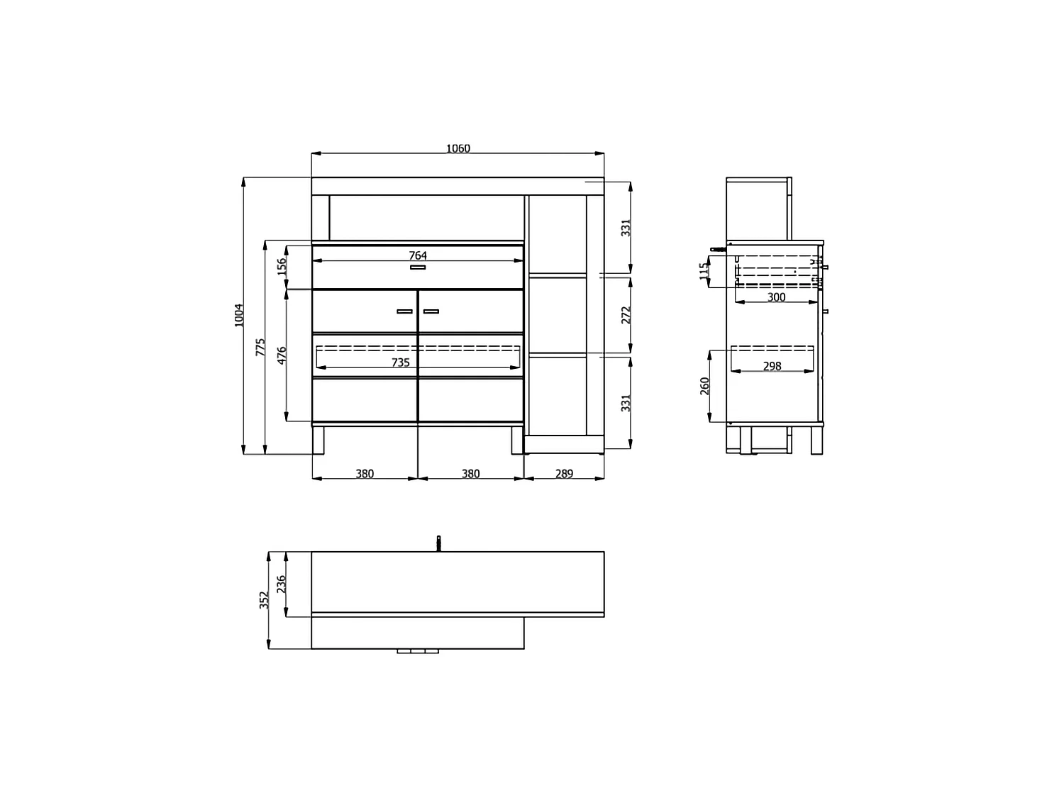 Buffet Banos, un tiroir, 106x35x101h cm blanc, meuble, 5 étagères, portes battantes, coulissant