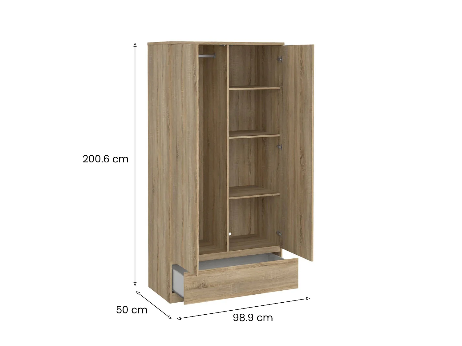 Guardaroba 2 Ante Germano, Maniglie Incluse, 99x201h cm Marrone, Armadio Camera da Letto, Materiale Anta in Legno Nobilitato, Colore Ante Marrone