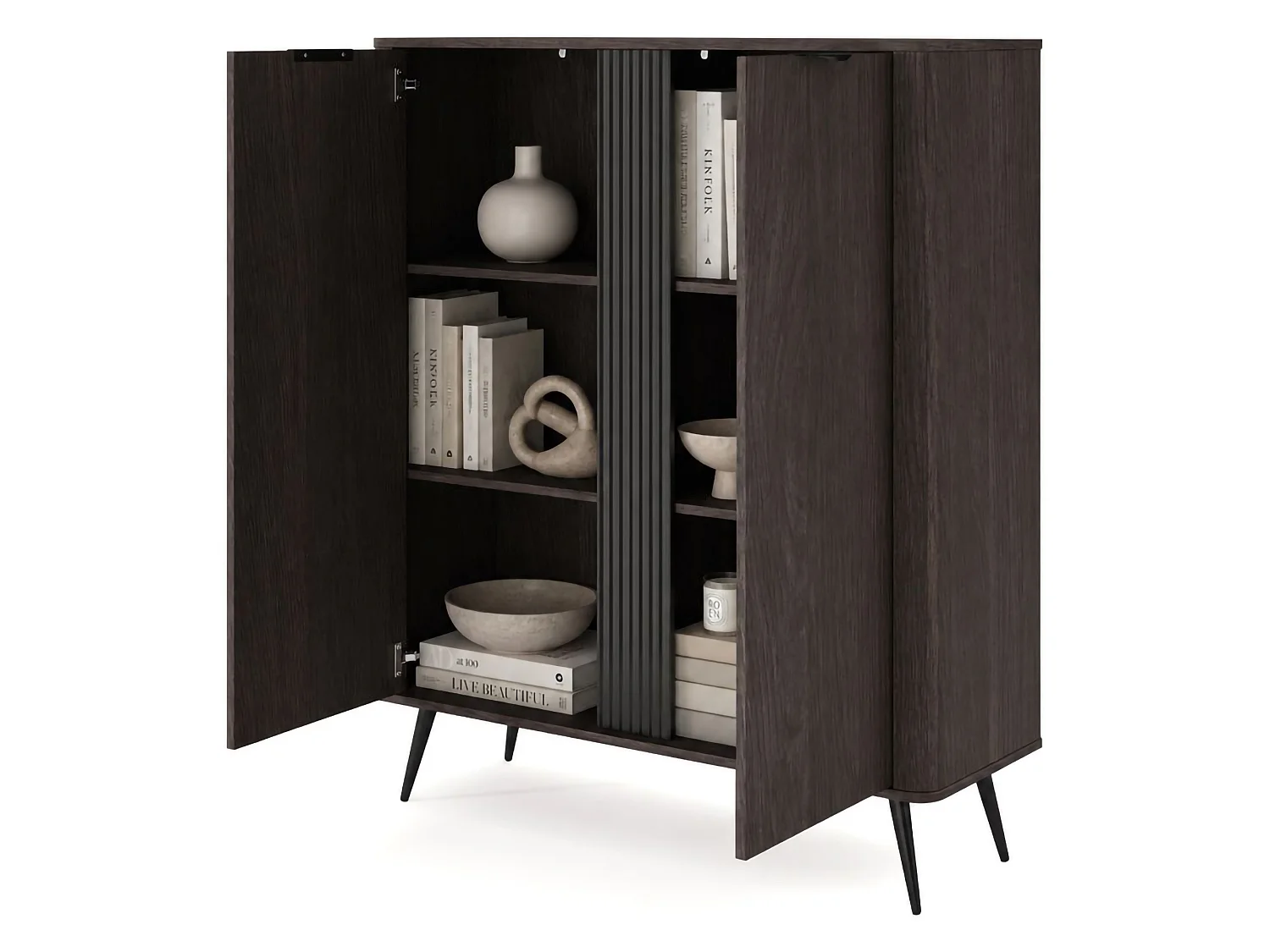 Sideboard Hazamale, 2 Regale, 113x38x134h cm Nussbraun, Anrichte, Klapptüren, 2 Türen
